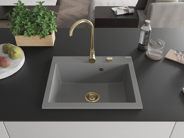 Mexen Elix, 1-komorový granitový dřez 600 x 500 mm, šedý, zlatý sifon - 6525601005-71-G