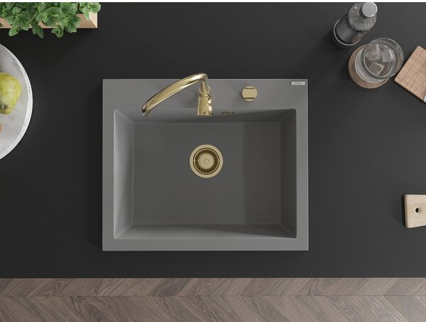 Mexen Elix, 1-komorový granitový dřez 600 x 500 mm, šedý, zlatý sifon - 6525601005-71-G