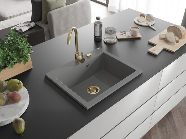 Mexen Elix, 1-komorový granitový dřez 600 x 500 mm, šedý, zlatý sifon - 6525601005-71-G
