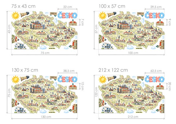 Mapa Česko budovy architektura samolepky na zeď arch 75 x 43 cm