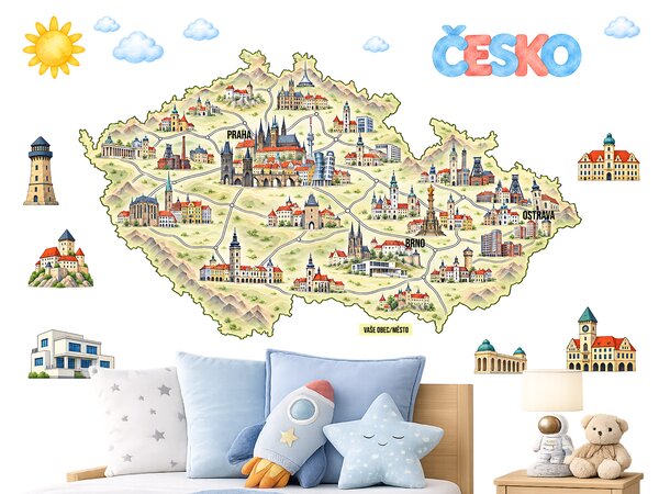 Mapa Česko budovy architektura samolepky na zeď arch 75 x 43 cm