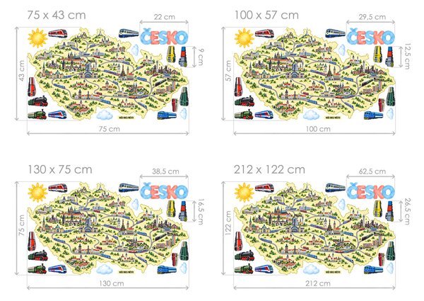 Mapa Česko vlaky budovy nálepky na zeď přelepitelné arch 75 x 43 cm