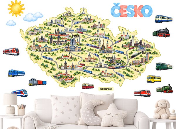 Mapa Česko vlaky budovy nálepky na zeď přelepitelné arch 75 x 43 cm