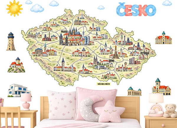 Mapa Česko budovy architektura samolepky na zeď arch 75 x 43 cm