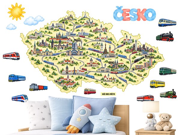 Mapa Česko vlaky budovy nálepky na zeď přelepitelné arch 75 x 43 cm