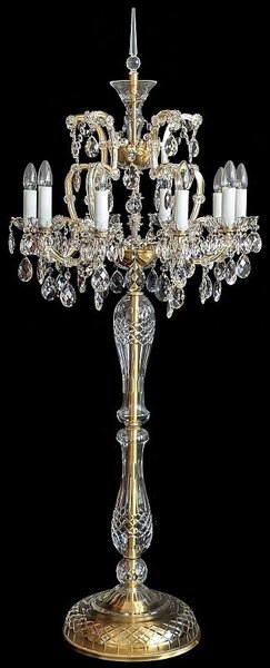 DBK GLASS Stojací lampa Marie Terezie s 10-ti plameny, křišťálovou špicí a ověsy ve francouzském stylu - matová mosaz AK-8010-10-(5025)