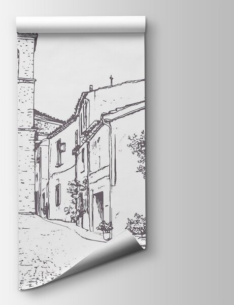 Fototapeta Kresba ulice s budovami a zvonicí, Populární fototapety, Populární fototapety, w03345v1 - Tapeko.co.cz