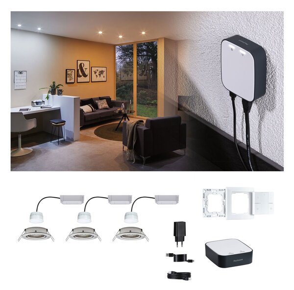 P 5180 Startovací sada Smart Home smik Gateway nástěnný ovladač + LED vestavné svítidlo Nova Plus Coin základní sada výklopné měnitelná bílá - PAULMANN