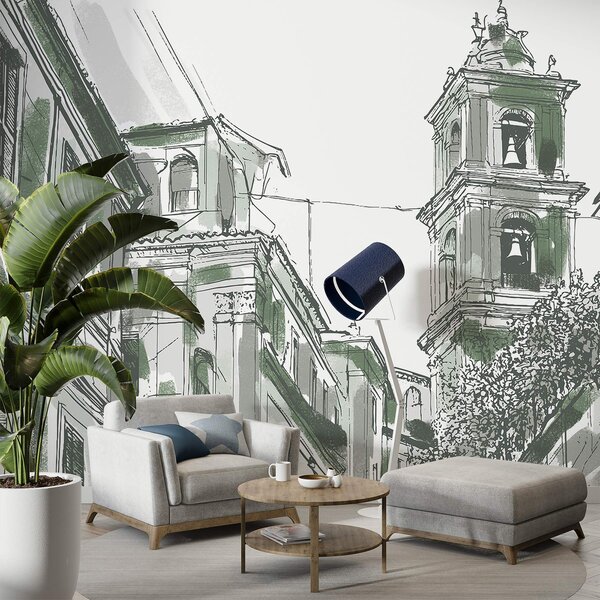 Fototapeta Kresba budovy se zvony, Fototapeta s panoramatem města, Populární fototapety, w03350v2 - Tapeko.co.cz