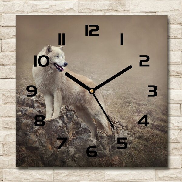 Skleněné hodiny čtverec Bílý vlk na skále pl_zsk_30x30_c-f_60381309