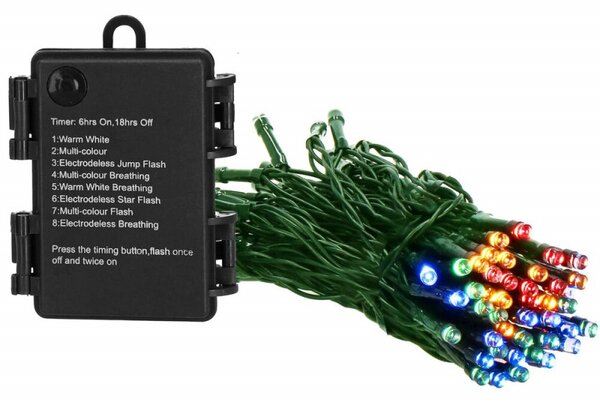 LED řetěz - 5m, 50LED, 8-funkcí, časovač, 3xAA, IP44, multicolor