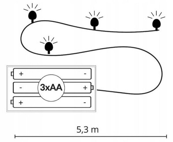 LED řetěz - 5m, 50LED, 8-funkcí, časovač, 3xAA, IP44, multicolor