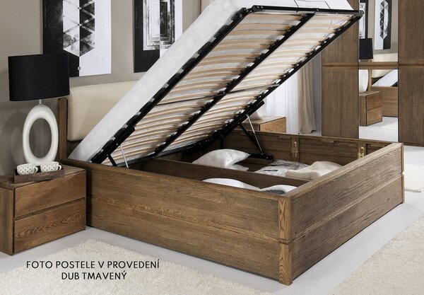 Postel s úložným prostorem a roštem Atlantik, masiv dub přírodní/dýha - krémová ekokůže
