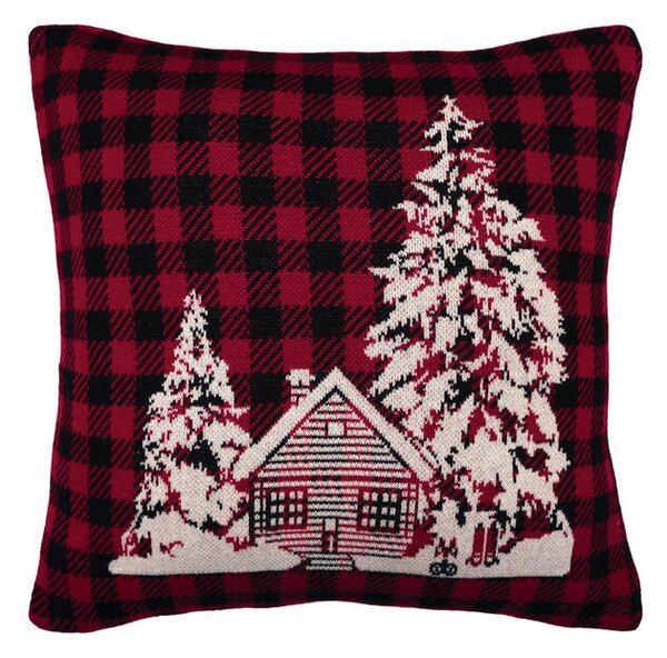 Pletený povlak DESIGN bílý dům+káro červenočerná 45 x 45 cm