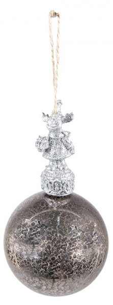 Stříbrná antik skleněná vánoční koule se sobem – 7x14 cm