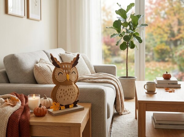 Podzimní dekorace na podstavci OWLIE 25 cm, světle hnědá