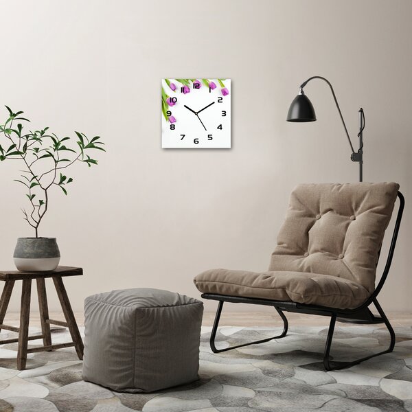 Skleněné hodiny čtverec Fialové tulipány pl_zsk_30x30_c-f_78573099