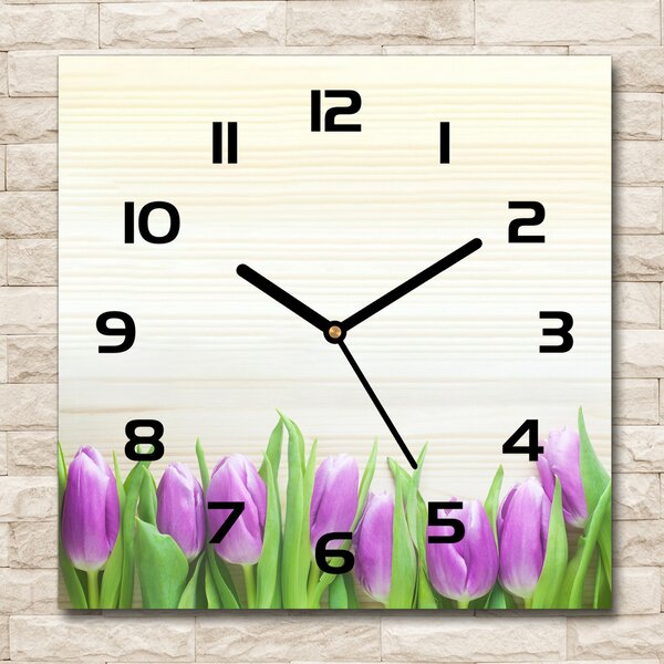 Skleněné hodiny čtverec Fialové tulipány pl_zsk_30x30_c-f_78755149
