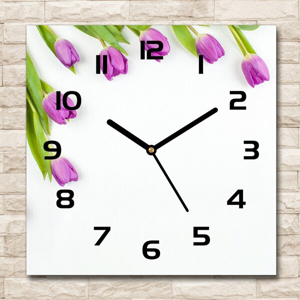 Skleněné hodiny čtverec Fialové tulipány pl_zsk_30x30_c-f_78573099