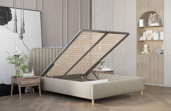 Maison de Rêve Šedobéžová čalouněná dvoulůžková postel NOTO 160 x 200 cm s úložným prostorem
