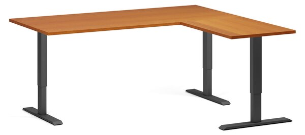 Rohový výškově nastavitelný stůl, 180x160 cm, 3 motory, L/P, černá podnož, třešeň