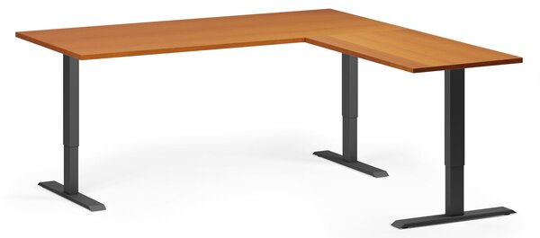 Rohový výškově nastavitelný stůl, 180x180 cm, 3 motory, L/P, černá podnož, třešeň