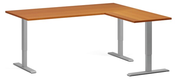 Rohový výškově nastavitelný stůl, 180x160 cm, 3 motory, L/P, šedá podnož, třešeň
