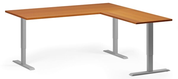 Rohový výškově nastavitelný stůl, 180x180 cm, 3 motory, L/P, šedá podnož, třešeň