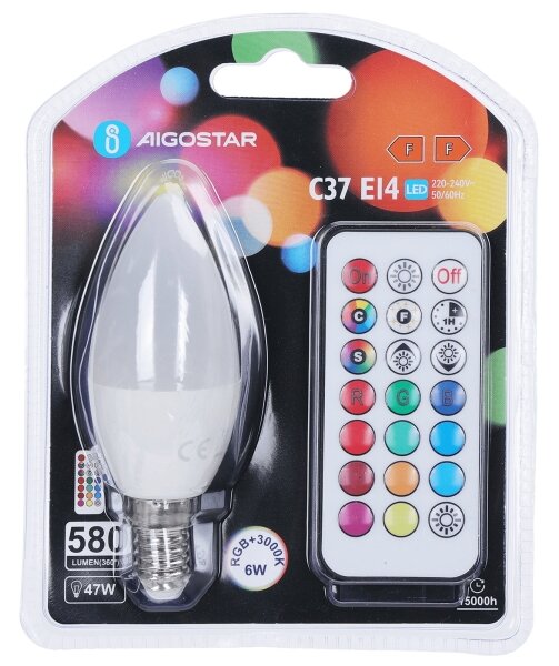 Aigostar - LED RGBW Stmívatelná žárovka C37 E14/6W/230V 3000K + DO