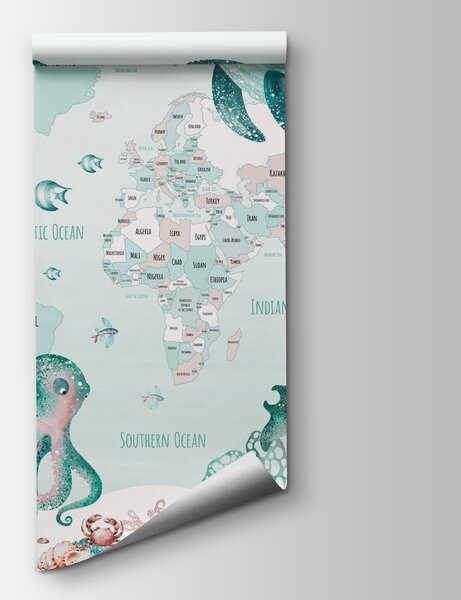 Fototapeta Mapa světa s mořskými živočichy, Fototapeta s mapou světa, Populární fototapety, w03526v2 - Tapeko.co.cz