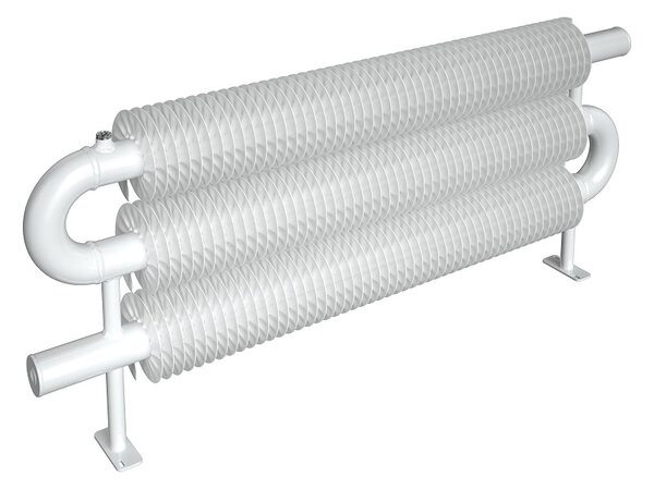 ISAN Spiral RAO3 žebrový radiátor Ø57 × 137 mm, délka 1200 mm, 945 W, bílá RAL 9016, montáž na zem - stojánky