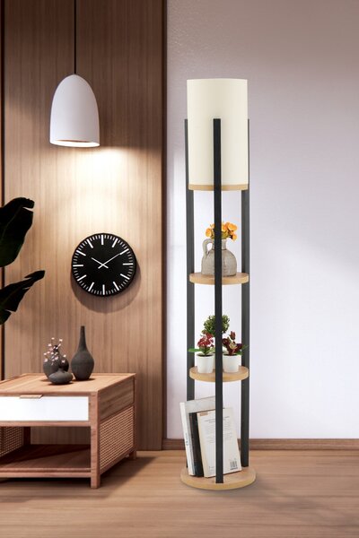 Opviq Stojací lampa Nora II černá/přírodní dub