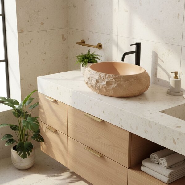 Umyvadlo na desku z kompozitního kamene REA MIKA LIGHT TERRACOTTA 50x38 cm, béžová