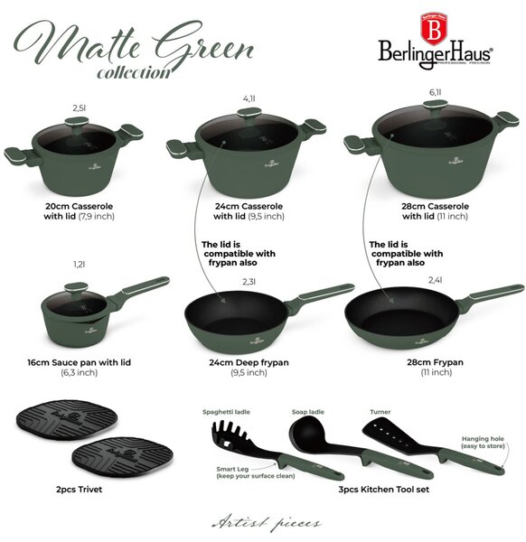 Sada nádobí s titanovým povrchem 15 ks Matte Green Collection