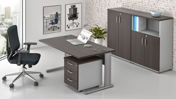 NABYTEK-DESIGNOVY.CZ - Kompletní kancelář pro 1 pracovníka KOMFORT – kovová podnož, kaštan/šedá – ZEP 1.6 07