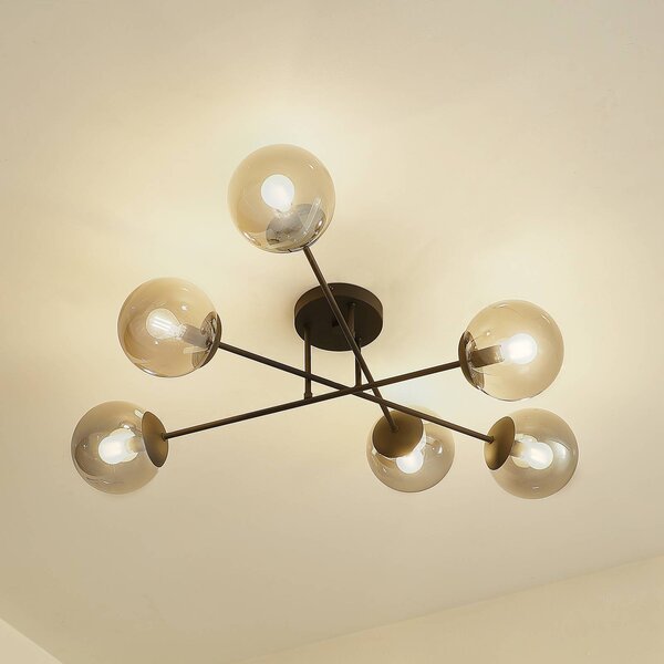 Lindby Stropní svítidlo Isamer, kouřově šedá, Ø 80 cm, globus, stmívatelný, Černá, Obývací pokoj / jídelna, kov, Moderní
