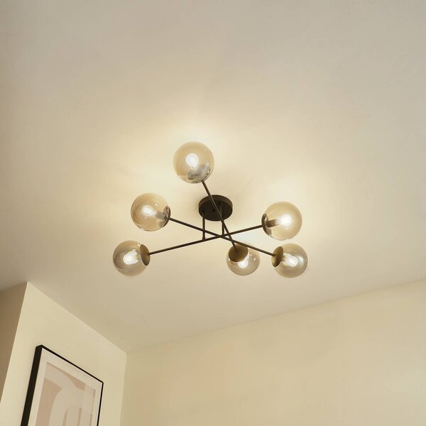 Lindby Stropní svítidlo Isamer, kouřově šedá, Ø 80 cm, globus, stmívatelný, Černá, Obývací pokoj / jídelna, kov, Moderní