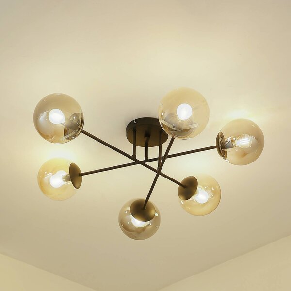 Lindby Stropní svítidlo Isamer, kouřově šedá/jantarová, Ø 80 cm, globus, stmívatelný, Černá, Obývací pokoj / jídelna, kov, Moderní