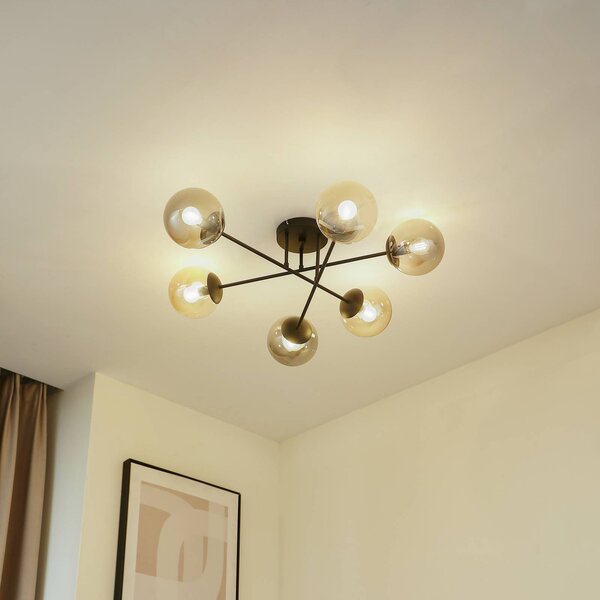 Lindby Stropní svítidlo Isamer, kouřově šedá/jantarová, Ø 80 cm, globus, stmívatelný, Černá, Obývací pokoj / jídelna, kov, Moderní
