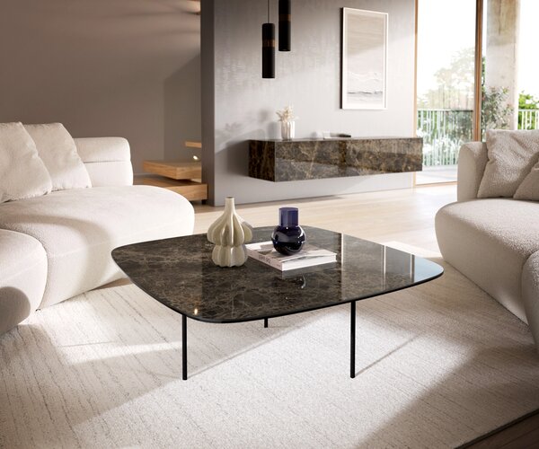 DELIFE Konferenční stolek Edge Boot 90x90 cm keramika Laminam® Emperador Extra Lucidato tmavě hnědá Trive kov černá
