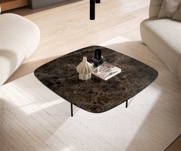 DELIFE Konferenční stolek Edge Boot 90x90 cm keramika Laminam® Emperador Extra Lucidato tmavě hnědá Trive kov černá