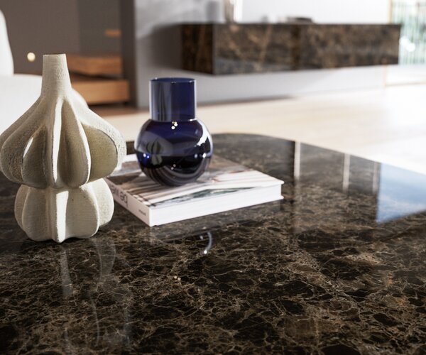 DELIFE Konferenční stolek Edge Boot 90x90 cm keramika Laminam® Emperador Extra Lucidato tmavě hnědá Trive kov černá