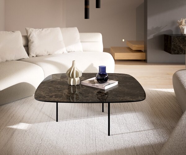 DELIFE Konferenční stolek Edge Boot 90x90 cm keramika Laminam® Emperador Extra Lucidato tmavě hnědá Trive kov černá
