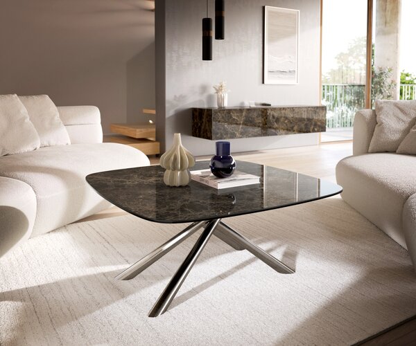 DELIFE Konferenční stolek Edge Boot 90x90 cm keramika Laminam® Emperador Extra Lucidato tmavě hnědá Sarity nerezová ocel broušená
