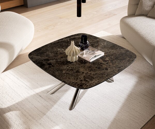DELIFE Konferenční stolek Edge Boot 90x90 cm keramika Laminam® Emperador Extra Lucidato tmavě hnědá Sarity nerezová ocel broušená