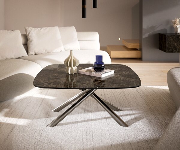 DELIFE Konferenční stolek Edge Boot 90x90 cm keramika Laminam® Emperador Extra Lucidato tmavě hnědá Sarity nerezová ocel broušená