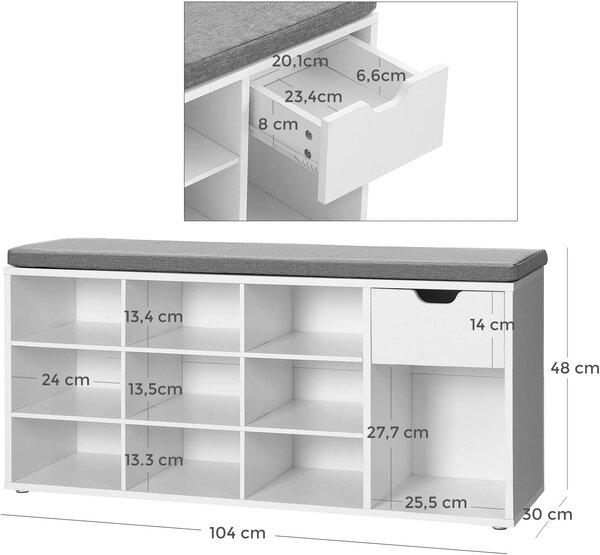 Botník s lavicí s šedým sedákem a zásuvkou WESO WHITE 104x30x48 cm, bílý