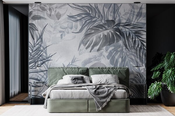 Fototapety Monstera a palmové listy v odstínech modré a šedé, botanické, tropické listí,, Fototapety les, Fototapety tropické, w09011v1 : uwalls.cz