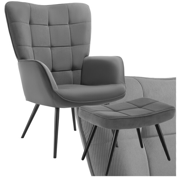 Tectake Křeslo Hygge polstrované, ergonomické, nosnost 150 kg - S podnožkou, Tenký manšestr antracitová/černá