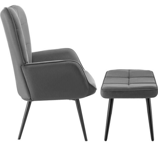 Tectake Křeslo Hygge polstrované, ergonomické, nosnost 150 kg - S podnožkou, Tenký manšestr antracitová/černá